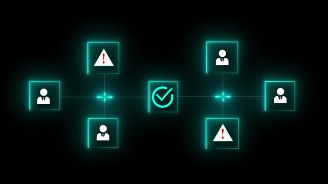Neon line cubes with human icons connected by arrows and central cube with red check mark symbolizing teamwork and approval in network animation concept on a black background.