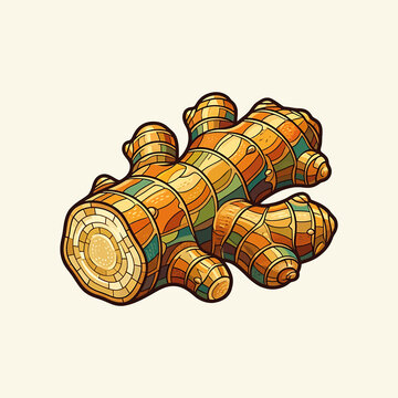Fresh ginger root with colorful segmented texture illustration.