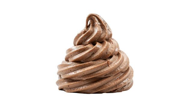 A tall, spiraled swirl of creamy milk chocolate frosting or mousse, piped into a peak shape, isolated against a solid black background