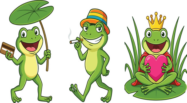 Cartoon Frog Characters Set &ndash; Cute Green Frogs in Fun Poses & Accessories