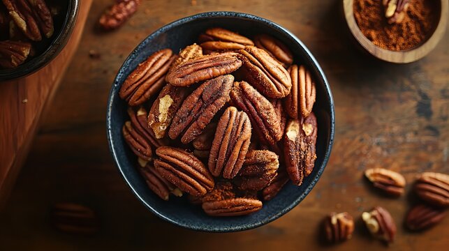 A top-down view of roasted pecans in a blue bowl, showcasing a delicious and healthy snack for mindful eating and wellness.