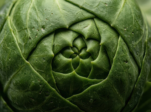 Extreme close-up of brussels sprout showing spiral geometric pattern of green leaves
