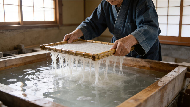 Japanese artisan making traditional handmade washi paper using a bamboo frame in a wooden vat.