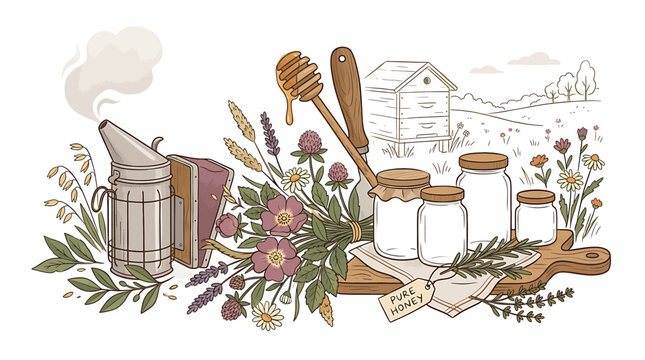 Rustic beekeeping and honey production illustration.