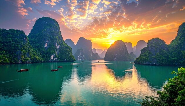 The magnificent scenery of Ninh Binh at sunset, featuring limestone mountains and serene, emerald-green waters.