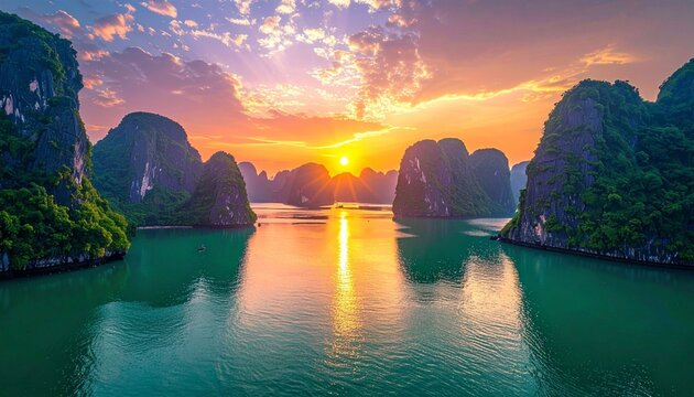 The magnificent scenery of Ninh Binh at sunset, featuring limestone mountains and serene, emerald-green waters.