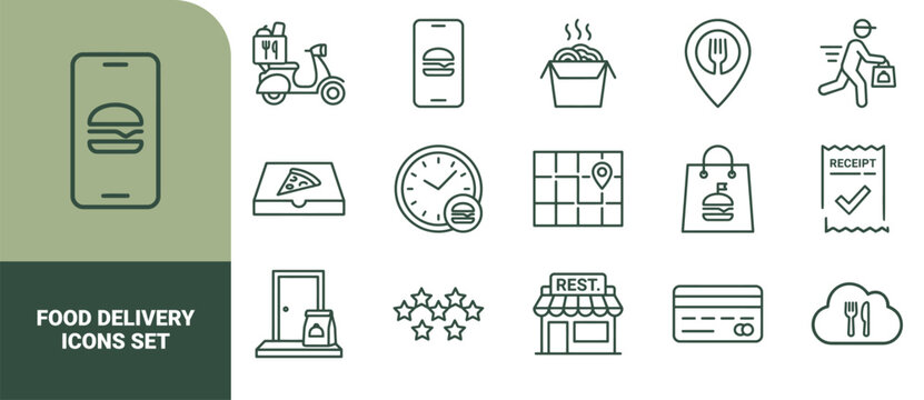 Detailed food delivery service set featuring mobile ordering, scooters, pizza boxes, restaurant locations, and payment methods in lines