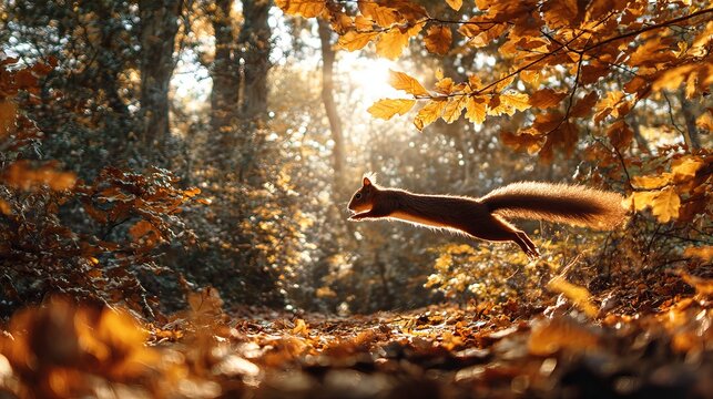 A playful red squirrel leaps through the golden autumn forest, capturing a moment of wildlife in its natural habitat, vibrant and free.