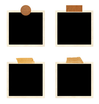 Set of four frame photos with adhesive tape stripes. Pictures album grid for scrapbooking. Vintage style mood board layout. Isolated on white background. Copy space for your text and photo