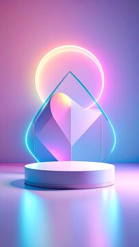 Glowing geometric shapes on a podium