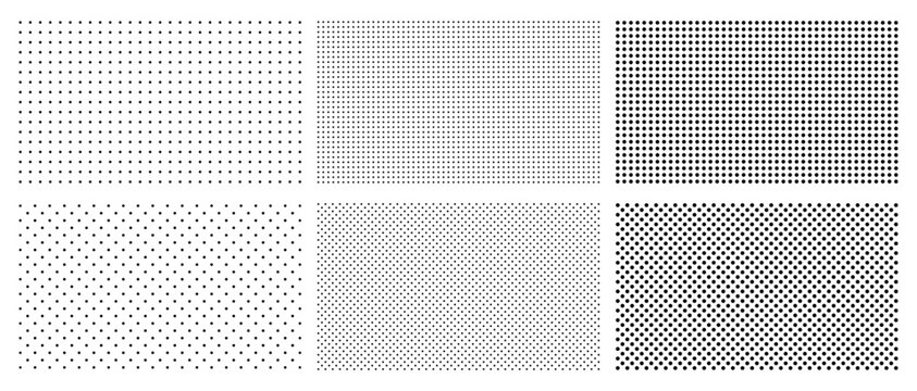 Halftone black and white background set. Dotted texture pattern. Polka dots repeat posters. Comic pop art overlay backdrop. Abstract vector illustration