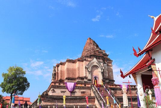Famous sightseeing landmark - Wat Chedi Luang Temple in Chiang Mai, Thailand. Wat Chedi Luang is a Buddhist temple in historic center of Chiang Mai. Topic of vacation, travel, trip, cruises, tour