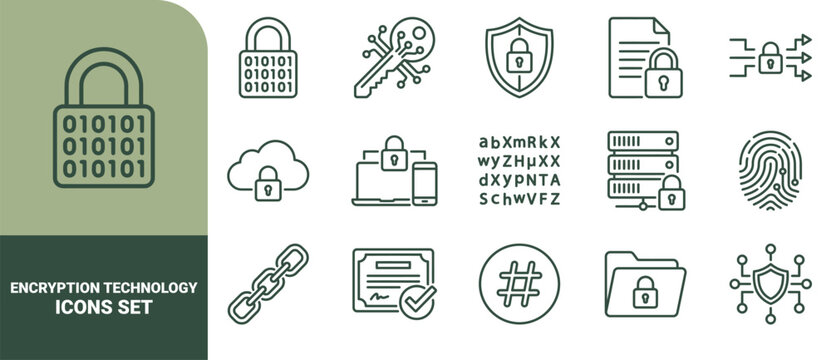 Encryption technology set featuring digital security symbols for data protection, cybersecurity, and information privacy concepts