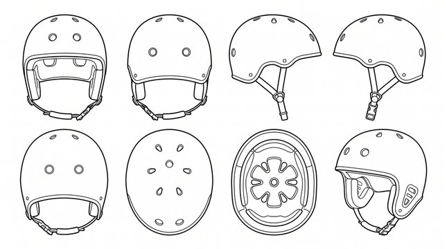 Skate Helmet Line Art Set - Multiple View Angles for Skating, Biking, and Sports Safety Equipment
