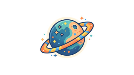Colorful cartoon planet with rings and stars illustration. © Fahma
