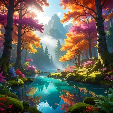 Autumn forest stream with colorful foliage and reflections.