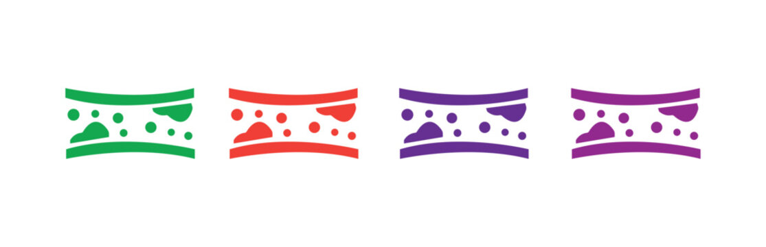Set of four simplified icons representing clogged arteries with plaque buildup and cholesterol deposits in a stylized medical illustration format.