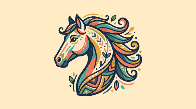 Colorful Ornate Horse Head Illustration with Floral Patterns.