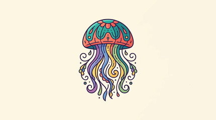 Colorful illustrated jellyfish with flowing tentacles. © Aldian