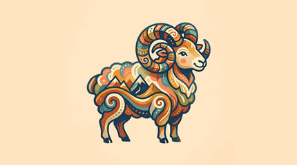 Colorful Illustrated Ram with Curved Horns and Decorative Patterns. © syakila