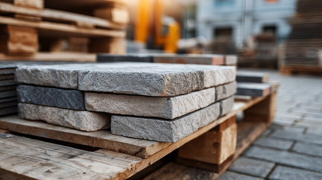 Stacked gray paving stones on wooden pallets in a construction yard, showcasing building materials and outdoor landscaping projects