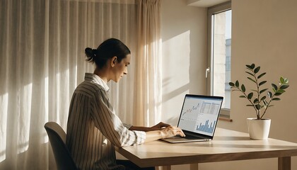 Fototapeta premium Woman working on laptop at home office with natural light and minimalist decor
