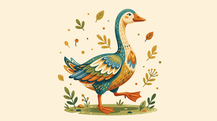Colorful illustrated goose with autumn leaves background. © Sindi