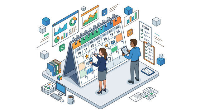 Business planning isometric illustration: teamwork, calendar, charts, task management.