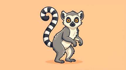 Cute cartoon lemur with striped tail standing. © Aldian