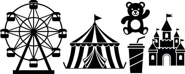 A professional set of black amusement park silhouette icons showing a ferris wheel and circus tent in bright light for a happy fair. © DADA
