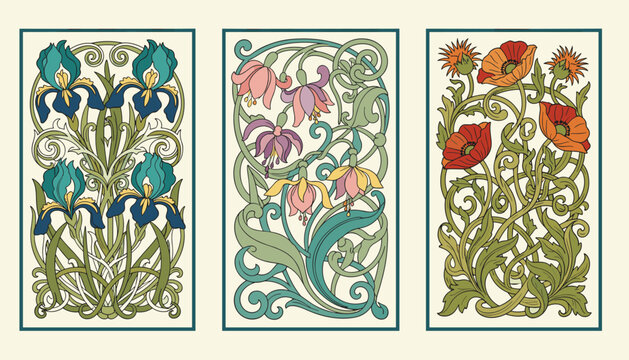 Three ornate vertical cards designed in the classic art nouveau style with elegant floral patterns of irises and poppies.