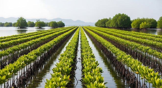 Aerial view of lush green rice terraces with water reflection.