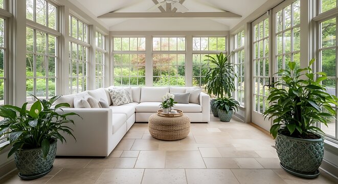 Modern indoor garden room with lush green plants and natural lighting.