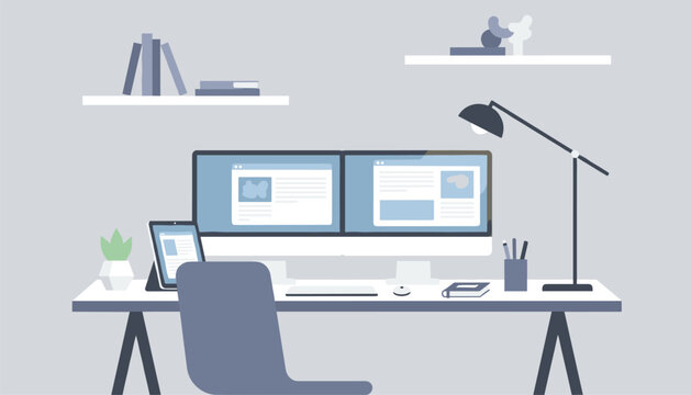 Clean modern home office workspace setup with dual computer screens, a digital tablet, desk lamp, and shelves.