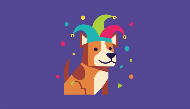 Cute cartoon dog wearing a colorful jester hat with bells sits happily amidst celebration confetti on a purple background.