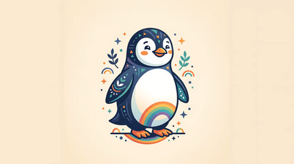 Cute Cartoon Penguin with Colorful Scarf and Rainbow. © Sindi