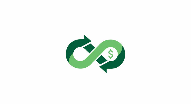 Green infinity loop arrow symbol with dollar sign representing circular economy and sustainable finance.