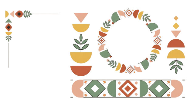 Geometric shapes and leaves form decorative border on white background with plants