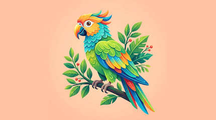 Colorful parrot perched on a green branch with leaves. © Endang