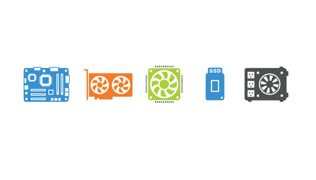 Minimalist computer hardware components icons featuring a motherboard, graphics card, cooling fan, solid state drive, and power supply.