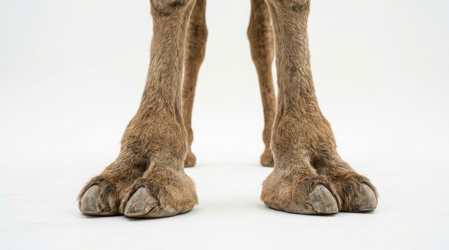 Close-up view of camel legs and hooves standing on a plain white background animal