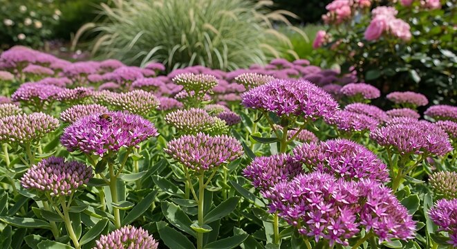 Purple flowering ground cover plant in garden bed.