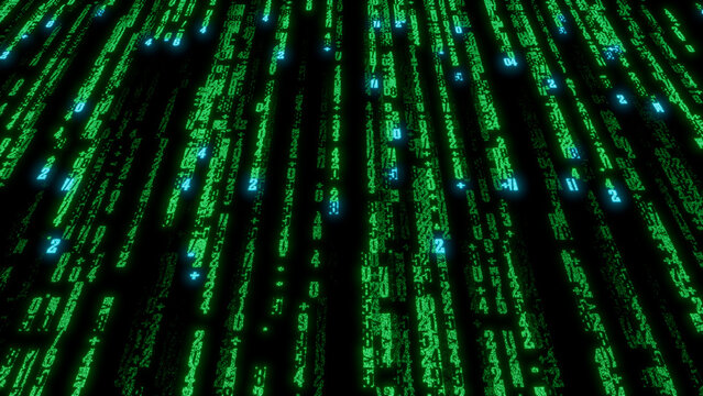 Vibrant Green and Blue Pixelated Binary Code Pattern on Dark Background - Abstract Digital Art for Technology and Cybersecurity Themes