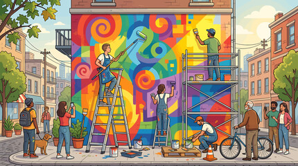 Colorful mural painting in urban neighborhood scene. © Amanto