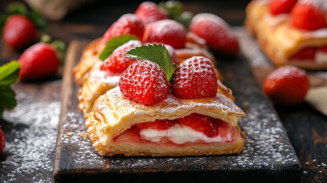 Delicious strawberry tart with fresh berries and flaky pastry, a delightful dessert showcasing vibrant colors and textures