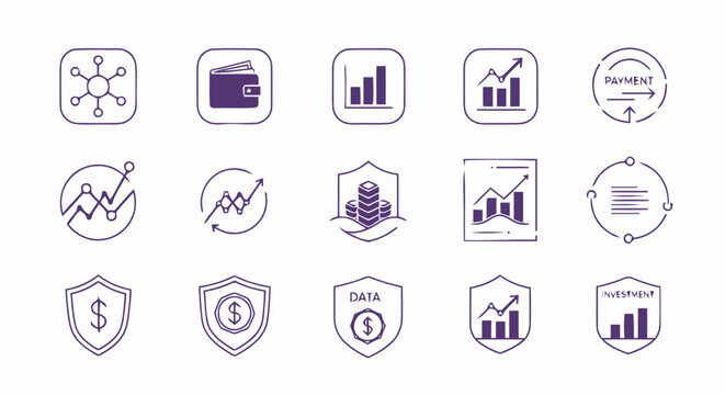 Hand drawn business and finance icons set featuring charts shields wallet and data symbols.