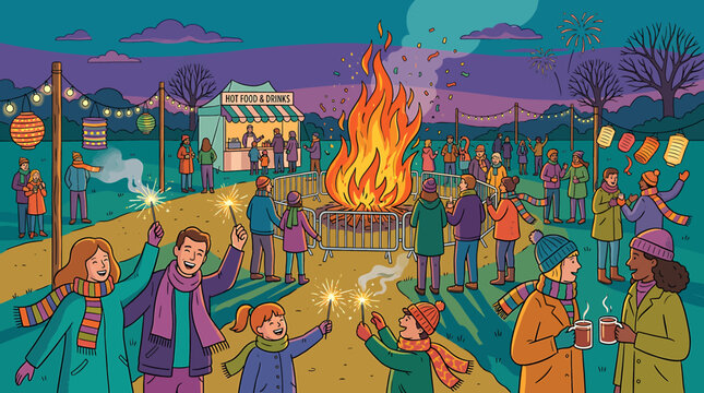 Community Celebration Around a Bonfire at Night.