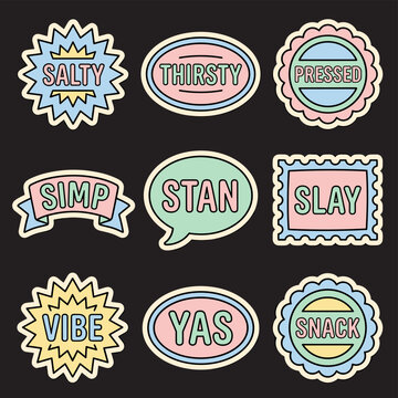Set of pixel art internet slang word stickers in pastel colors including simp, stan, salty, pressed, slay, vibe, thirsty, yas, and snack