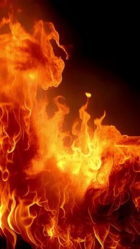 Intense fire flames on an empty black background, vertical photo featuring dramatic blazing fire, glowing embers and powerful heat effects