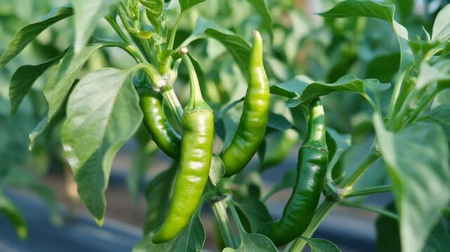 Close-up of vibrant green chili peppers hanging on a lush plant in an organic garden. High-quality agricultural footage perfect for healthy food and farming projects.